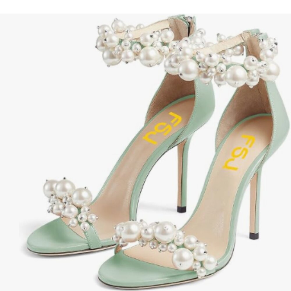 FSJ Grass Green High Heel Open Toe Sandal Full Pearls Ankle Strap Zippe Shoes